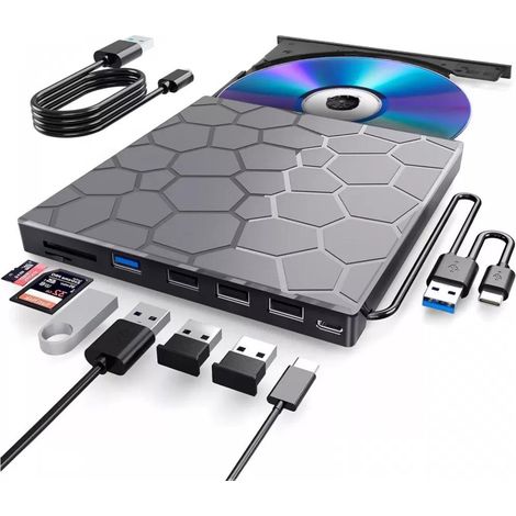 Graveur DVD externe USB C - Lecteur optique 8-en-1 avec USB 3.0 - 1 pièce - Noir (1/5)