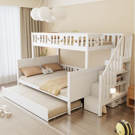 Litera infantil 90x200/140x200 cm con escalera de almacenaje y cama nido, blanco OKMYHOME (1/5)