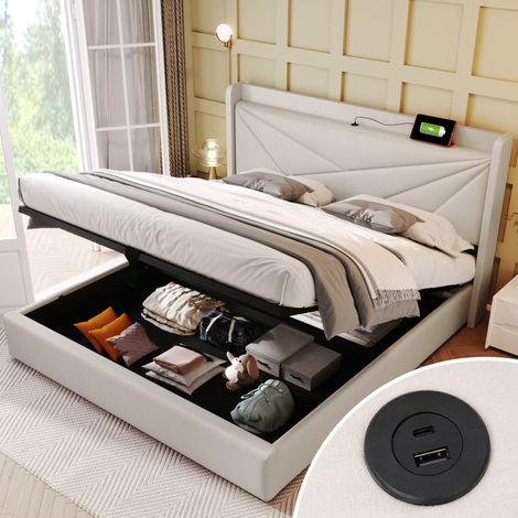 Cama tapizada 160/200 cm beige de lino y metal con almacenaje y cabecero con USB y USB-C (1/5)