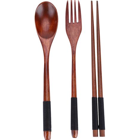 Ensemble de 3 couverts en bois : cuillère, fourchette et baguettes avec fil noir (1/5)
