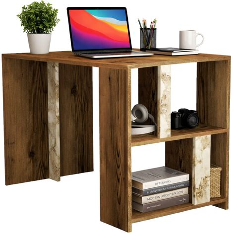 Dmora - Scrivania Bising, Scrittoio multiuso, Tavolo per ufficio porta PC, Piano di lavoro, 120x60h75 cm, Noce e Bianco Marmo