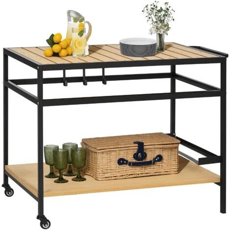 Desserte de jardin chariot pour plancha en bois et métal 2 étagères 3 crochets 107 x 65 x 80 cm noir naturel (1/5)