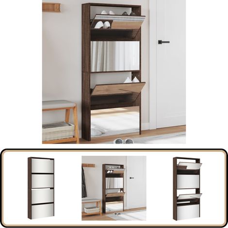 Schuhschrank mit Spiegel 4 Fächer Braun Eiche-Optik 63x17x134cm - Schuhschrank - Schuhregal - Holzwerkstoffmöbel - Garderobe - Einbauschrank