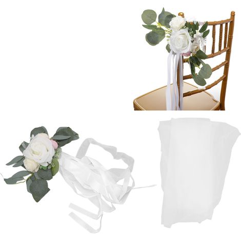 Décoration de chaise extérieure de style minimaliste nordique luxueux, avec bouquet de fleurs artificielles façon forêt, housse de chaise ornée d'un nœud et de fleurs blanches. (1/5)