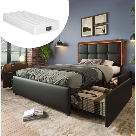 DESVIAE Lit simple rembourré avec LED 4 tiroirs de rangement tête de lit réglable sommier à lattes simili cuir noir 90 x 200 cm (1/5)