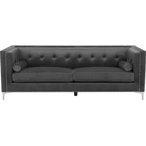 Canapé 3 Places Type Chesterfield en Velours Gris Foncé Capitonné pour Salon Glamour et Design Beliani
