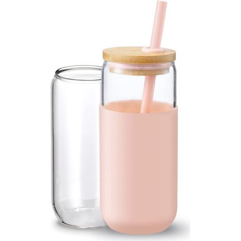 Gobelet isotherme en verre de 590 ml avec manchon de protection en silicone, paille et couvercle en bambou, idéal pour le café glacé (1 unité) (rose) (1/5)