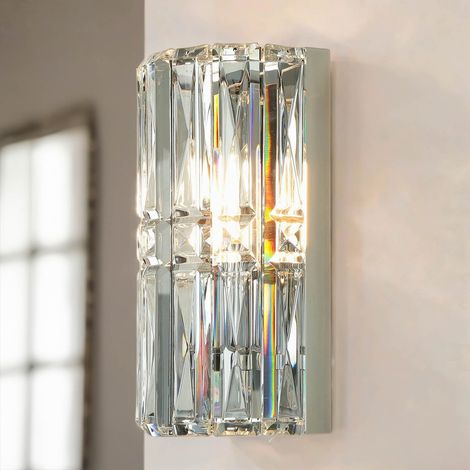 Wandleuchte Metall Glas E14 H: 25 cm Chrom länglich Art Déco Kristall Wandlampe