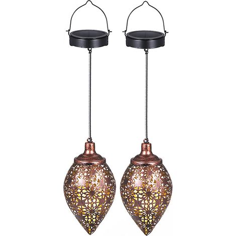 Lot de 2 lanternes solaires d'extérieur, lanternes solaires en métal à suspendre, étanches IP44, LED blanc chaud, lanternes solaires orientales pour jardin, balcon, terrasse, Noël