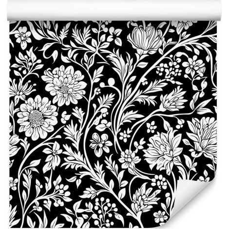 Papier peint à fleurs noires et blanches, graphite, gris et gris clair, 50 x 1000 cm (1/5)