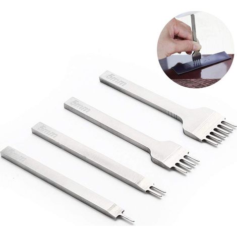 4 pièces - perforateur à ciseau à cuir - 1/2/4/6 dents - pas de 5 mm - outils pour le cuir - poinçon en acier blanc pour le travail du cuir - ensembles d'alènes pour le travail du cuir (1/5)