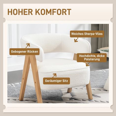 Fauteuil moderne rembourré en polaire blanc, assise d'appoint sur pieds bois avec structure métallique (1/4)