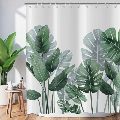 Duschvorhang 180x180cm mit tropischen Blättern, grünen Palmen und Bananenblättern, Dschungelmotiv, botanische Pflanzenmotive, Naturmotiv (1/4)