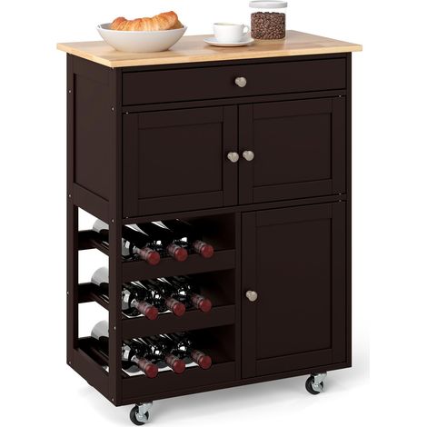 COSTWAY Carrello da Cucina, con Portabottiglie Tre Ante e Ruote, Credenza Cucina in Legno di Pino e MDF, Ideale per Soggiorno e Cucina, 67 x 37 x 86 cm (Marrone) (1/5)