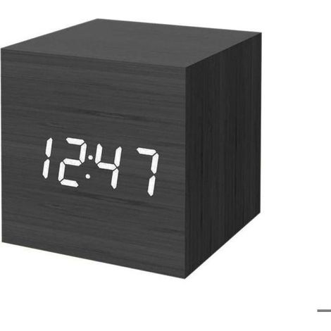Réveil numérique, mini réveil cube moderne en bois avec lumière LED, affichage de l'heure, de la date et de la température, pour (1/4)