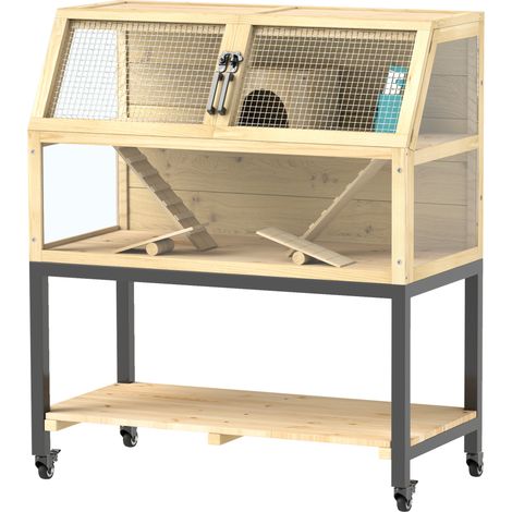 Cage en bois pour hamster nain avec compartiment de rangement, roues, rampes, biberon, maisonnette, balançoires, 87 x 43 x 101 cm