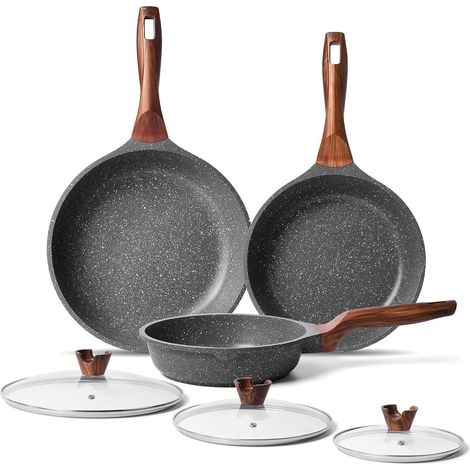 Set de 3 poêles à induction 20-24-28 cm, revêtement antiadhésif granit, avec couvercles (1/5)