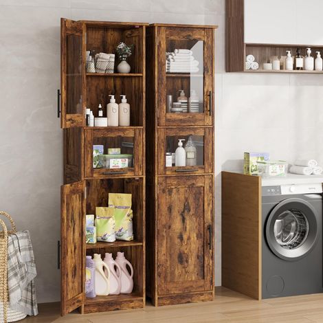 Meuble colonne salle de bain 170cm rétro, portes vitrées étagères réglables (1/5)