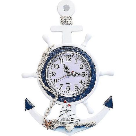Blauer und weißer Steuermann-Anker im mediterranen Stil, personalisierte kreative Wanduhr, elektronische Uhr, dekorative Uhr, nautische Uhr, nautisches Strandthema (1/3)