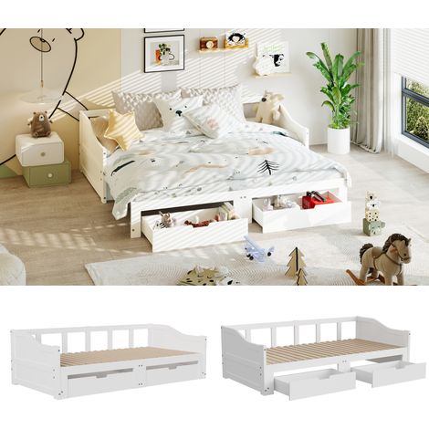 Lit gigogne 90/180x200cm en bois massif - Canapé-lit avec 2 Tiroirs - Sommier à lattes - Lit simple/Lit double - 2 places - Blanc (1/5)