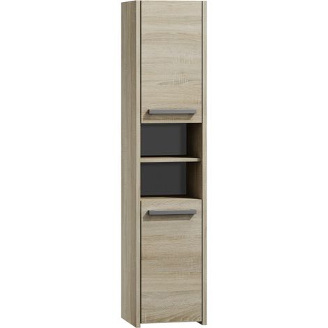 Topeshop – Armoire murale de salle de bain 170x40x30 cm – 2 portes – 5 étagères – Corps en panneau de particules laminé – Finition aspect bois (1/3)