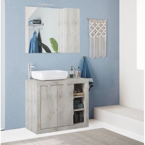ROME Ensemble Meuble salle de bain L 92 + vasque + 2 Portes + 3 niches - Coloris chene Pin Clair (1/5)