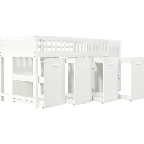 Cama alta multifunción infantil blanca 90 x 200 cm con escritorio y almacenaje (1/5)