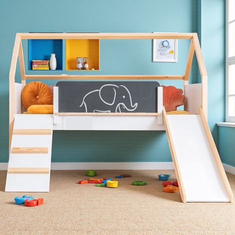 Letto a Casetta GINGER HOME per Bambini, Montessori, a Soppalco, con Scivolo, Lavagna Nera e Rete 90×200 cm (1/5)