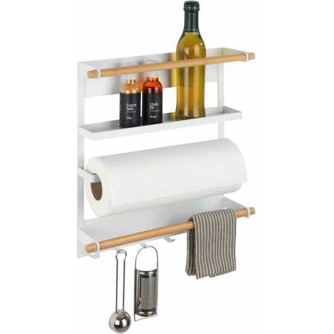 WENKO Mensola magnetica per frigorifero Magna, con porta spezie, portarotolo magnetico e ganci per appendere utensili da cucina, in metallo e bambù, 33x34x8 cm, bianco (1/5)