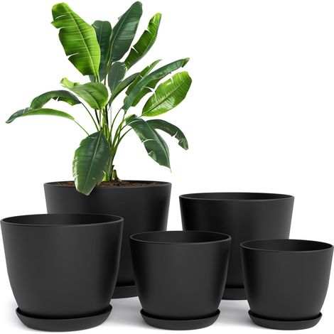 Utopia Home Lot de 5 Pots de Fleurs 18/17/15/13/12 cm Plantpot avec Soucoupe pour la Cuisine, Le Balcon, Les Plantes de Jardin, Les Pots de Fleurs de pépinière pour l'intérieur Noir. (1/5)