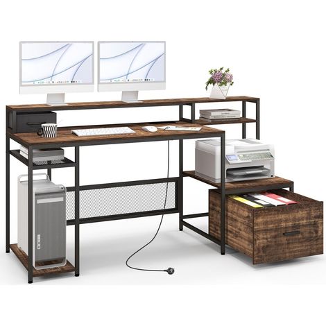 170CM Computer Desk Monitor Stand Workstation Home Office Desk W/ Power Outlets