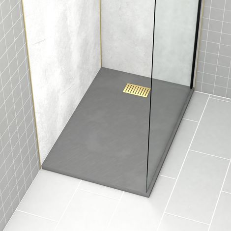 receveur de douche gris effet pierre 80x120 cm et grille décor linéaire or doré brossé