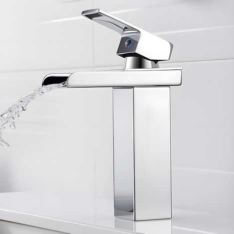 Robinet de salle de bain cascade à large rebord argenté et profil bas avec tuyau d'arrivée de 60 cm Mitigeur de lavabo à bec large de style européen pour eau chaude et froide (1/5)