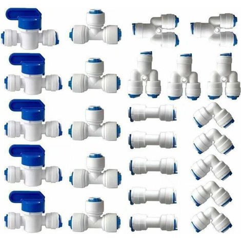 Raccord pour filtre à eau par osmose inverse, raccord droit 1/4" (6 mm) pour tuyau de filtre à eau et tubes de raccordement de réfrigérateur (vanne combinée de type Y+T+I+L + vanne d'arrêt)