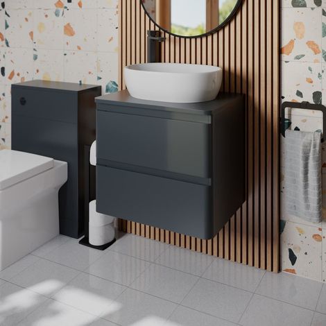 Bathroom Cloakroom Vanity Unit Wall Hung Countertop Wash Basin Grey 600mm (1/5)