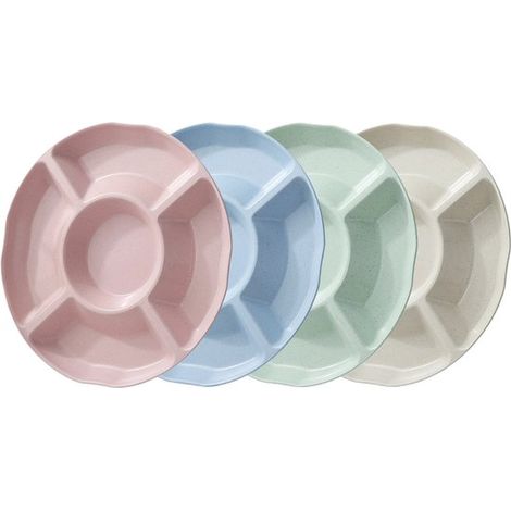Set de 4 assiettes à apéritif Longziming – 26 cm – 5 compartiments – Bols ronds colorés – Idéal pour la famille et les fêtes – pour les bonbons, les noix et les fruits secs. (1/5)
