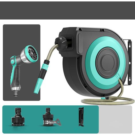 Enrouleur de tuyau d'arrosage rétractable, système d'enroulement automatique — Tuyau pour lavage de voiture et pistolet haute pression, (tuyau de 15 m)