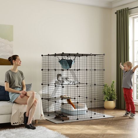 Noir - Cage pour chats en fil d’acier intérieure avec hamac, rampes, portes, enclos DIY pour 1 à 3 chats