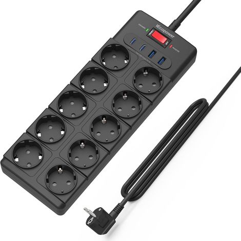 multiprise 10 Prises,USB multiprise(PD 20W 2 USB-C Ports et 2 USB-A Ports), multiprise avec Interrupteur,4000W/16A,1050 J, multiprise parafoudre et câble d'extension de 2 m, Noir (1/5)