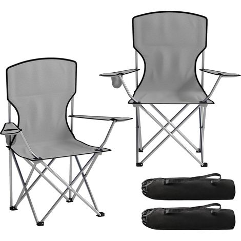 Ensemble de 2 chaises de camping à dossier haut en métal et tissu Oxford, grises idéal pour salon, chambre à coucher ou bureau avec structure en métal robuste et stable