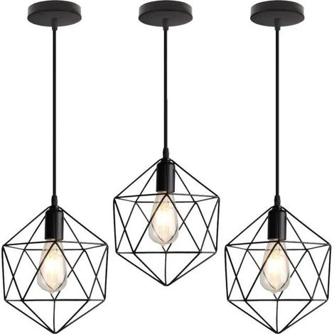 U-Do 3Pcs Lustre Suspension Cage en Fer Noir Lampe forme Diamant Lustre Plafonnier Ajustable design Vintage pour Chambre Couloir (1/4)