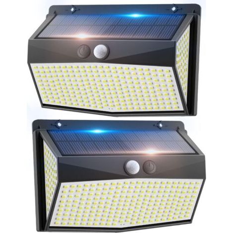 Lot de 2 projecteurs solaires d'extérieur à 318 LED avec détecteur de mouvement, 600 lm, 6 500 K, étanches IP67, 3 modes d'éclairage, grand angle de 270 °, éclairage mural de sécurité (1/5)