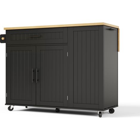 Isla de cocina móvil negra de MDF con tablero abatible y ruedas con freno (1/5)
