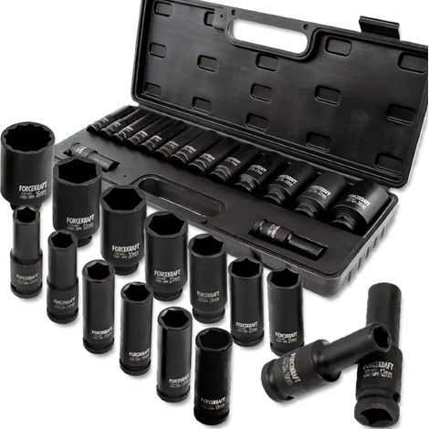 JUEGO DE VASOS DE IMPACTO PROFUNDOS FORCEKRAFT 1/2" 10-36 mm 6 puntas 15 piezas