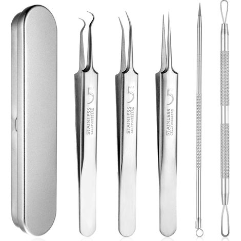 Lot de 5 Pinces, Acier inoxydable, Pointes précision, Extracteur points noirs, Soins visage nez