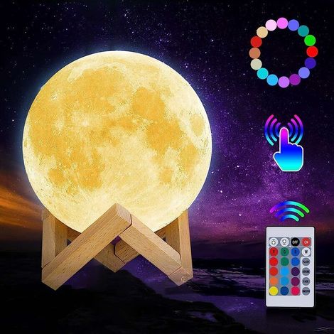 3D Moon Light Night Light for children, LED bedside lamp, rechargeable wireless touch remote control 15CM 16 colours, decorative lighting for bedroom office. (1/5)