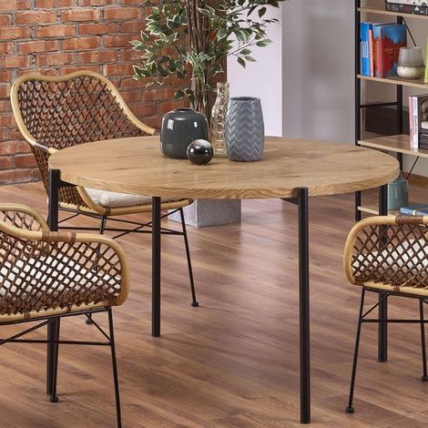 Table ronde 120 cm aspect chêne doré pieds acier noir Fairy (1/5)
