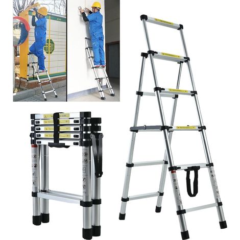 Telescoping Ladder 1.35M/4.5FT A-Frame Aluminum Extension Ladder Multi-Purpose Adjustable Folding Ladder with Convenient Handgrip Safety Lock EN131 Safe Standard for Household Daily-330lb Capacity (1/5)