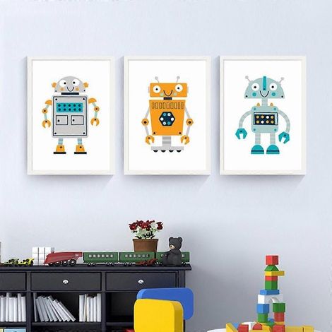 Leinwand-Wandposter mit einem Cartoon-Roboter, einfacher und niedlicher Aquarellstil, ideal zur Dekoration von Wohnzimmer, Schlafzimmer, Büro und Kinderzimmer (3er-Set). (1/4)