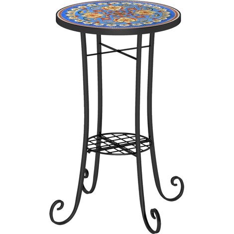Mosaic Garden Table, 35.5 cm Round Outdoor Table with Shelf, Ceramic Tile Top, Small Garden Side Table Bistro Table End Table Plant Stand for Indoor, Patio, Balcony, Blue